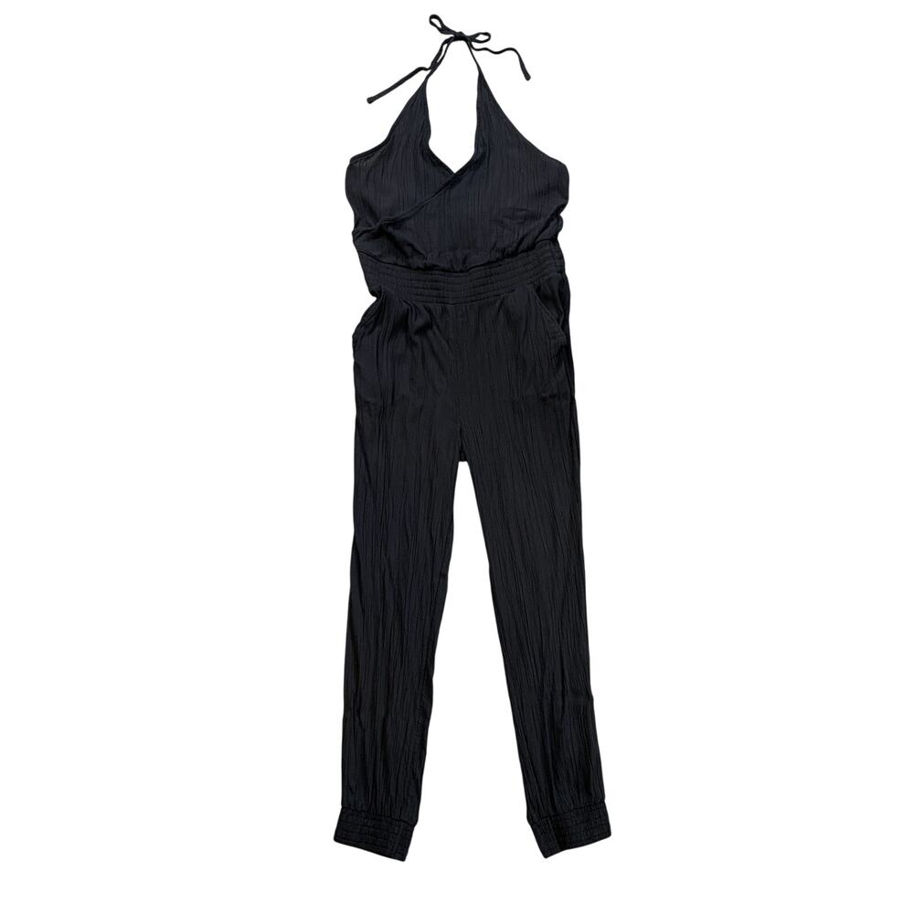 Prana Jumpsuit Womens M Medium Navy Fernie Wrap Front Halter Neck Smocked Waist